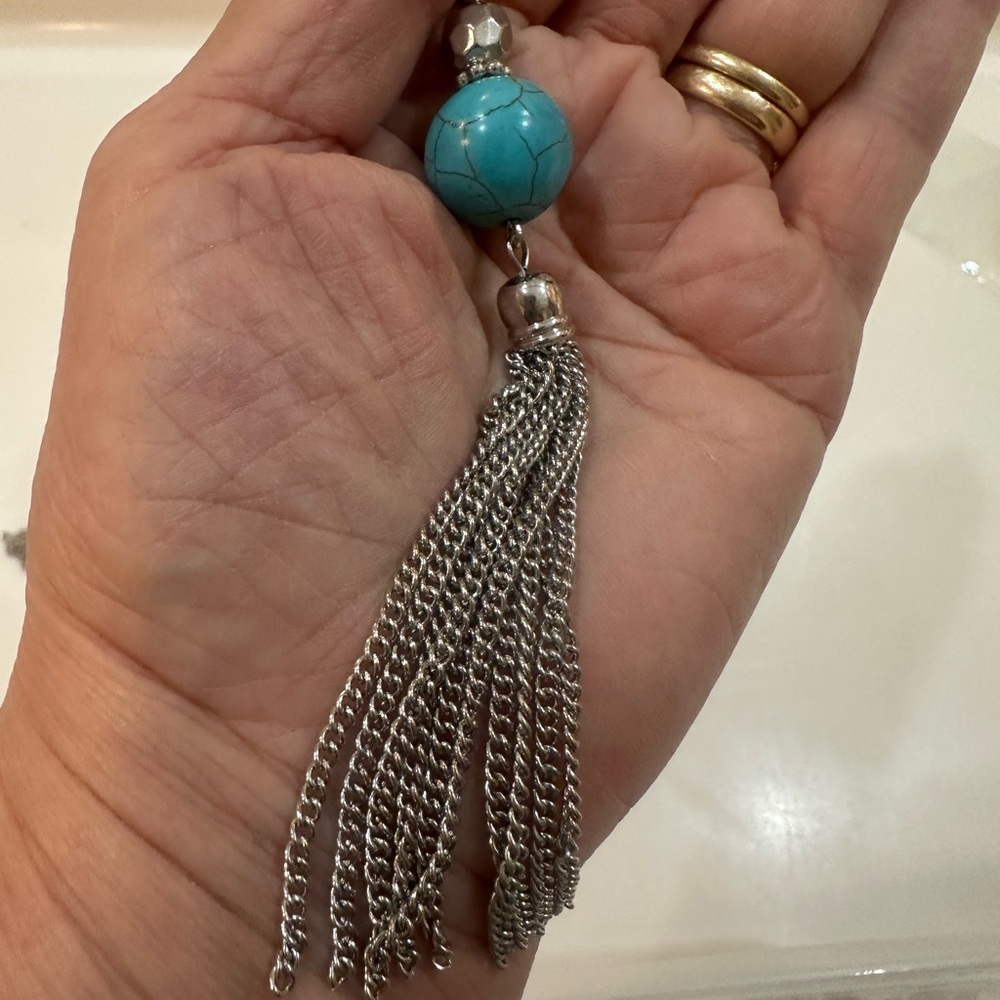 Turquoise & Silver Tassel Jewelry Set - Necklace & Earrings - Picture 10 of 12